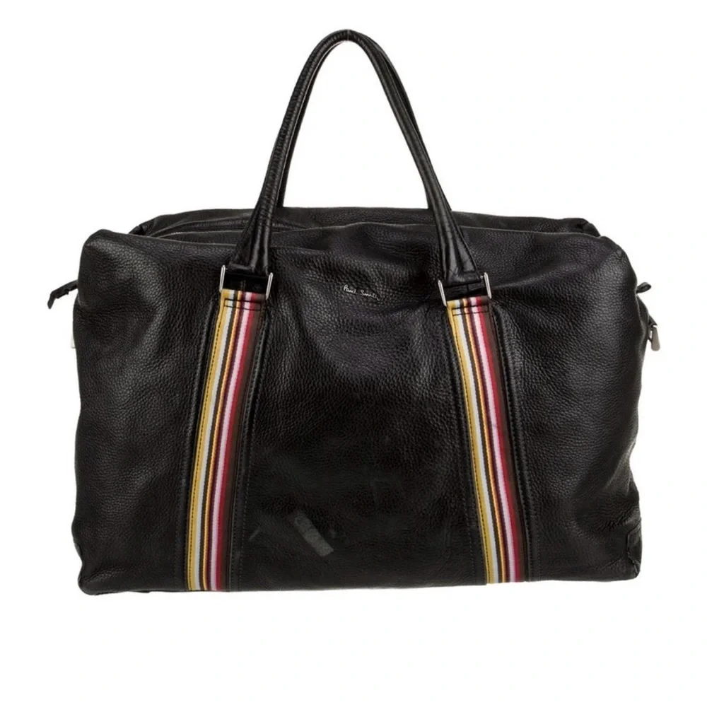 Paul Smith Black Leather Weekender Bag with Multicolor signature strip